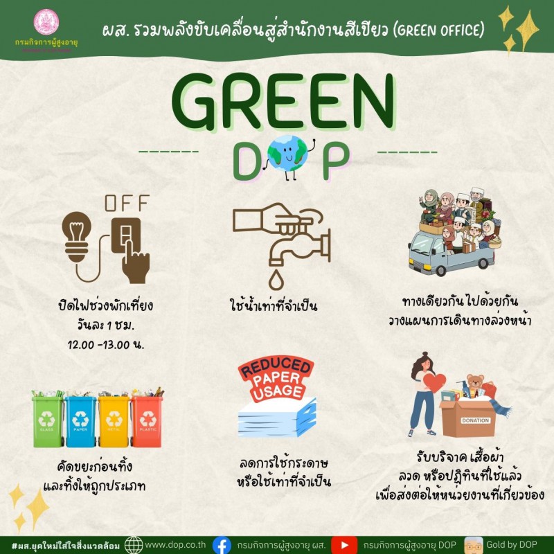 ผส. ตระหนักถึงปัญหาสิ่งแวดล้อมจึงมีความมุ่งมั่นที่จะพัฒนาศักยภาพการขับเคลื่อนสำนักงานสีเขียว (Green Office)