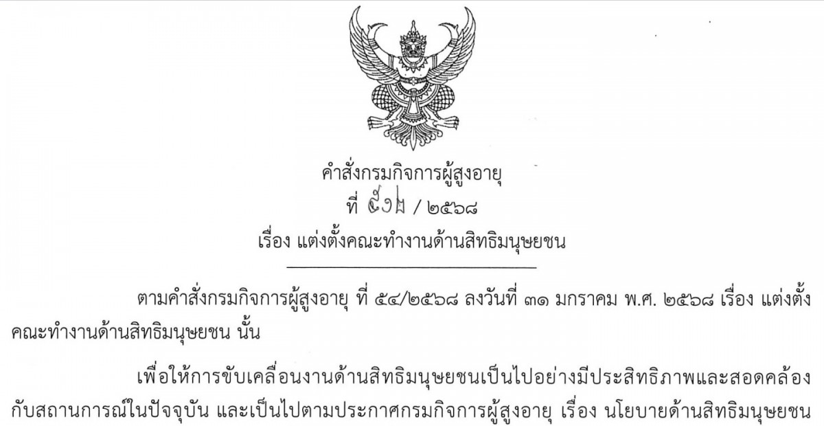 คำสั่งกรมกิจการผู้สูงอายุ เรื่อง แต่งตั้งคณะทำงานด้านสิทธิมนุษยชน